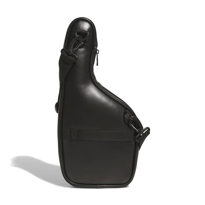 Black finger crossbody bag with adjustable strap and minimal front branding