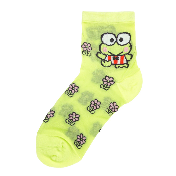 Keroppi adult quarter socks in lime green with frog face and red overalls