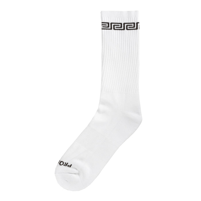 White link-style crew sock with ribbed texture and black patterned cuff