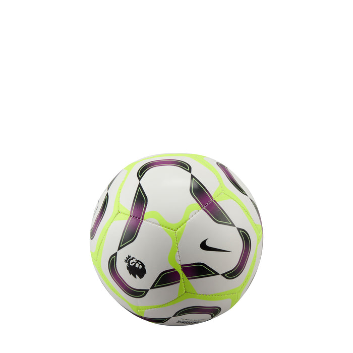 Mini soccer ball in neon yellow, white, and purple with Nike swoosh and Premier League lion