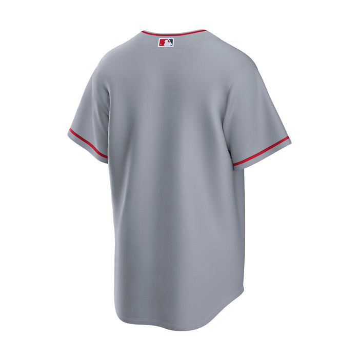 Men's gray away baseball jersey, back view with red-trimmed sleeves