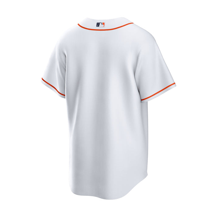 Men's white Astros replica home jersey with orange-trimmed crew neck and short sleeves