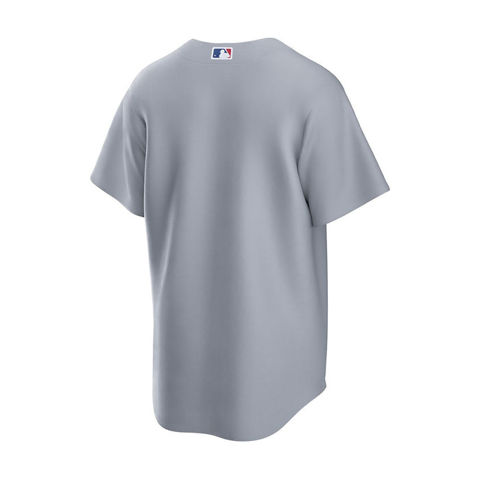 Men's grey baseball jersey with MLB logo patch at collar, short sleeves.