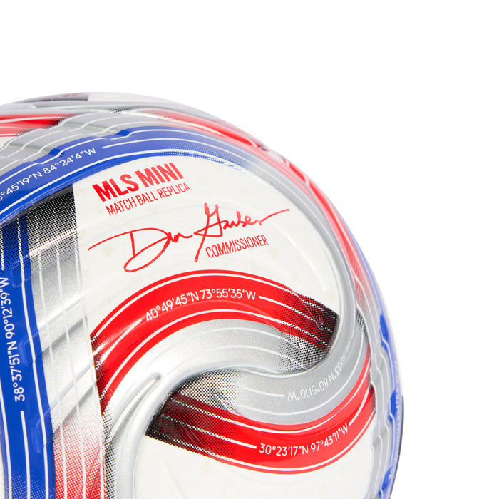 2026 MLS mini soccer ball, white top panel with red ring and blue markings