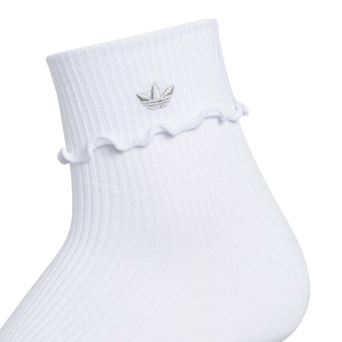 White quarter sock with ruffled cuff and trefoil logo embroidery