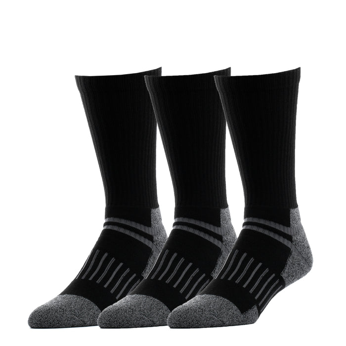 3-pack black crew socks with gray heel/toe and ribbed cuffs