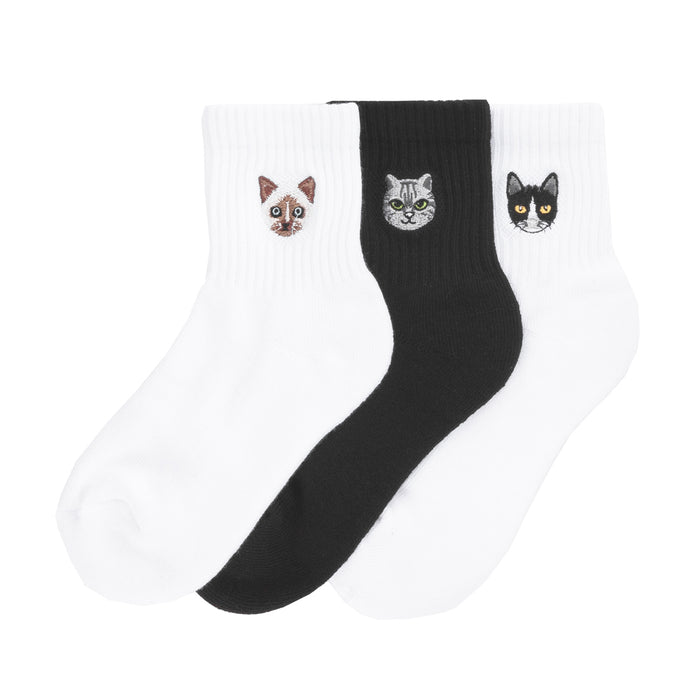 3-pack small half-crew socks with embroidered cat faces, white and black knit
