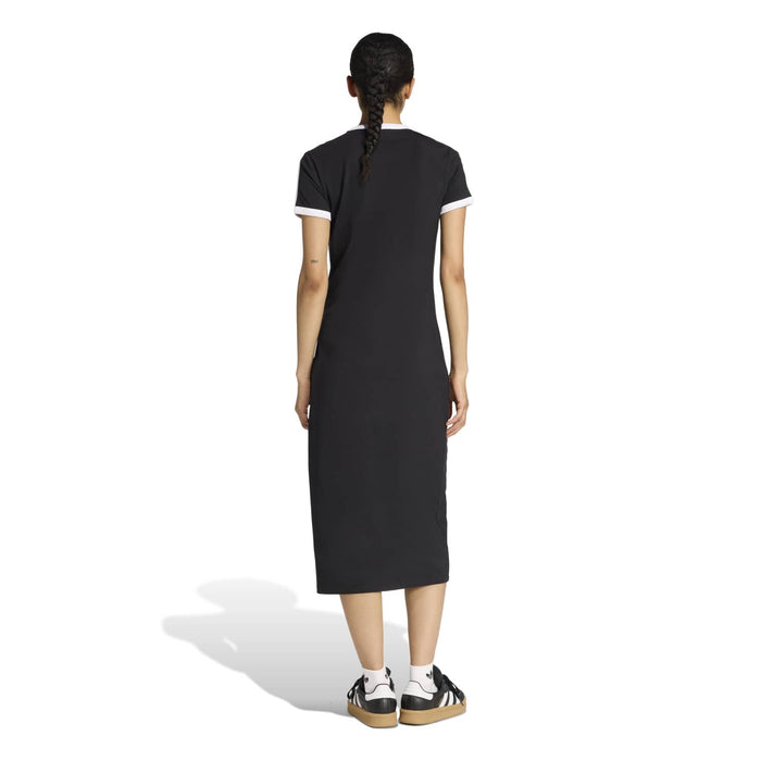 Women's black midi T-shirt dress, back view, with white sleeve trim and striped collar