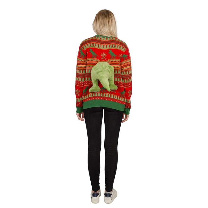 3D T-Rex Red and Green Adult Ugly Christmas Sweater - TVStoreOnline