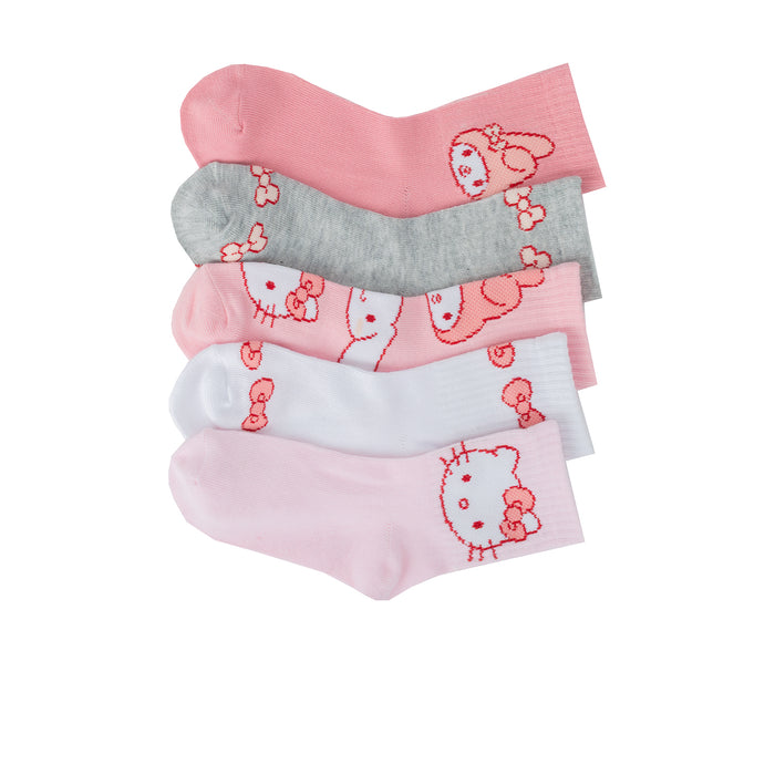 5-pack kids mid-crew socks in pink, gray, and white with Hello Kitty character faces