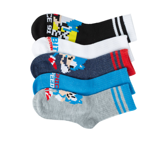 Kids ribbed mid-crew socks, 5-pack, mix of blue, gray, black, white pixel and striped designs