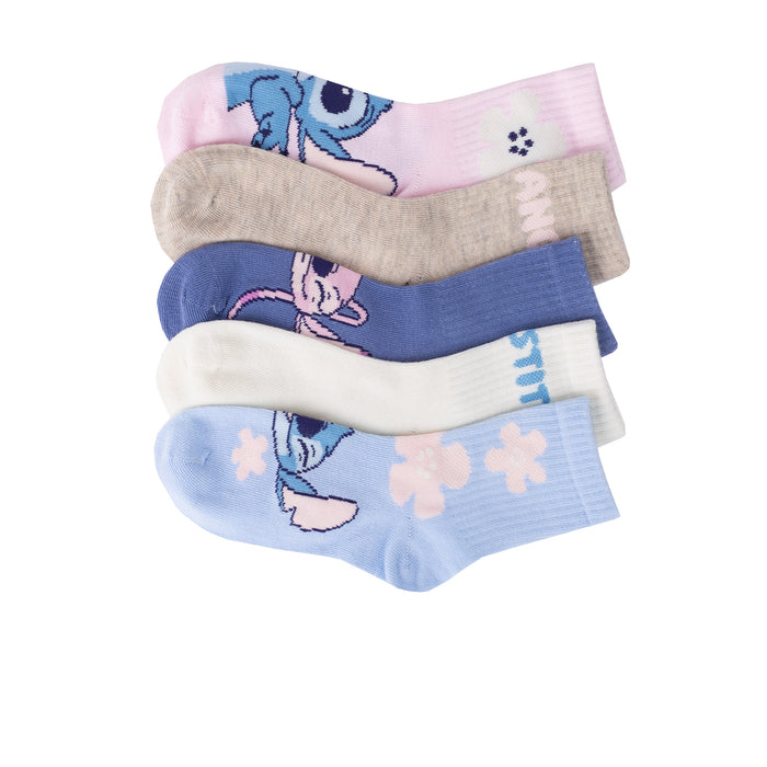 Kids ribbed mid-crew socks, 5-pack, blue beige pink with Stitch graphic and paw prints