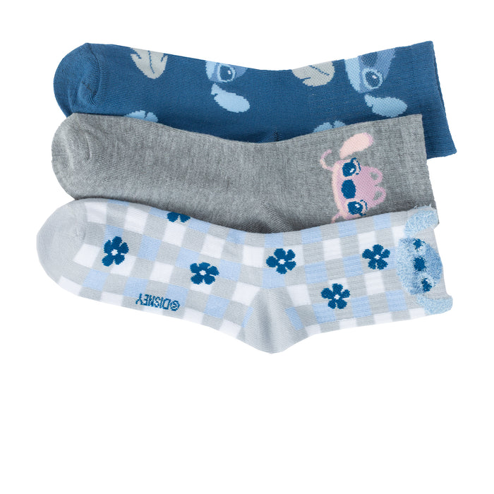 5-pack ribbed mid crew socks in blue, gray, and white checks with Stitch accents
