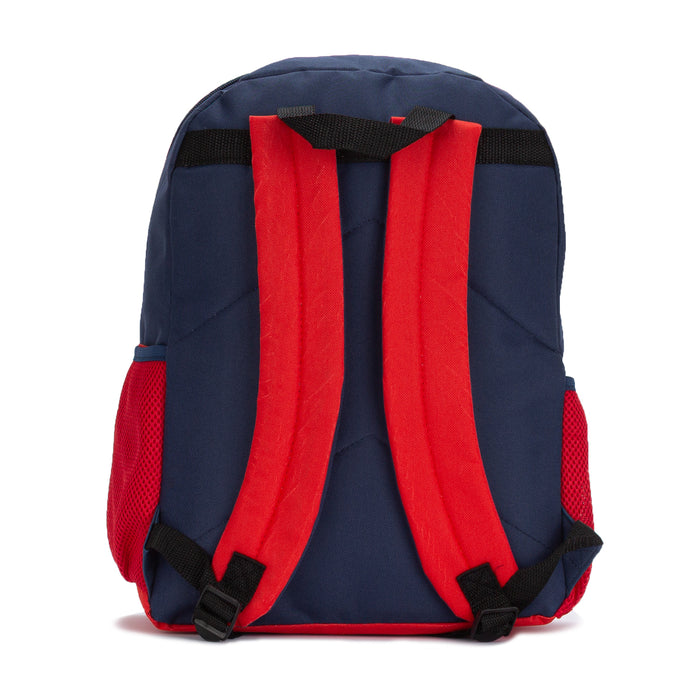 Kids Mario and Luigi backpack back view, navy fabric with red padded straps