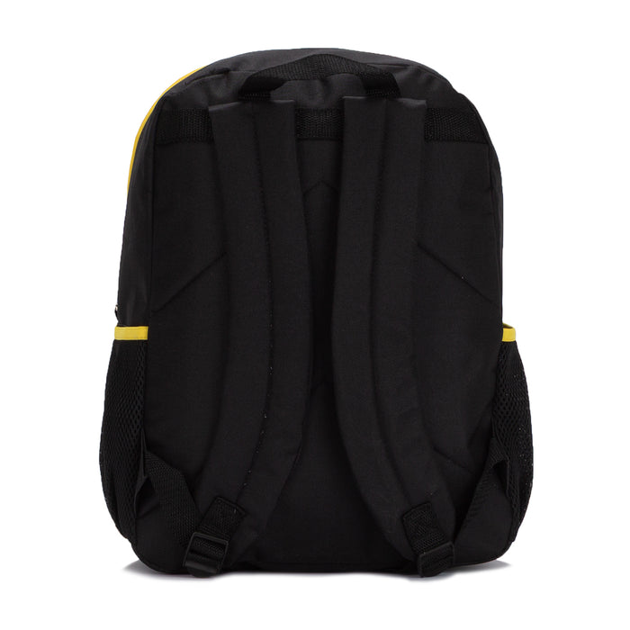 Minions black backpack back view with adjustable shoulder straps and yellow trim