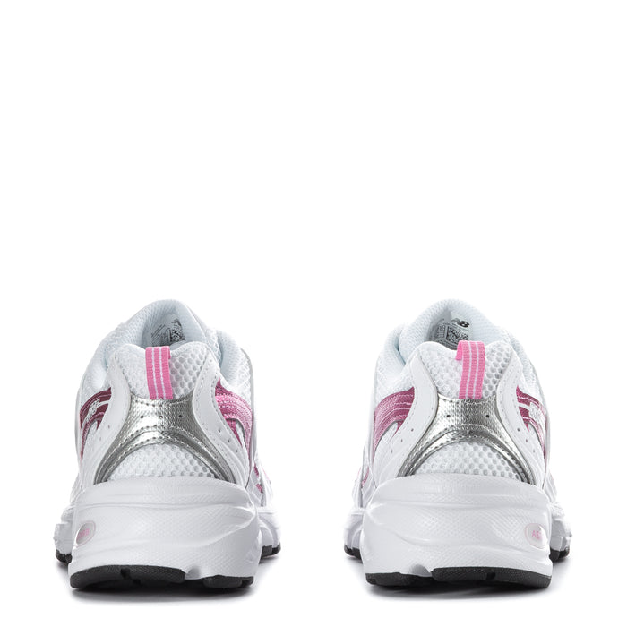White and pink mesh sneakers, rear view with heel pull tab