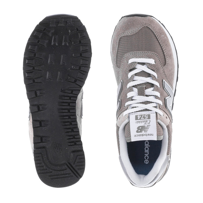 Women's New Balance 574 outsole and shoe interior view, grey upper with white laces