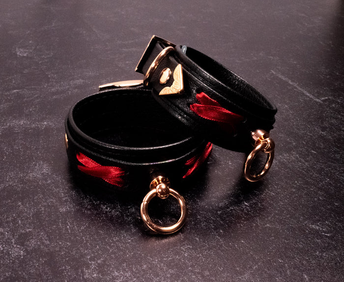 6" - 8" Rose Gold, Red & Black Corset Leather Cuffs _ LIMITED _