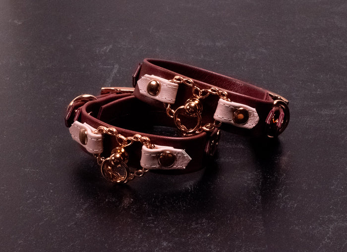 6" - 8" Wine & Pale Blush Leather Chained Heart Cuffs _ LIMITED _