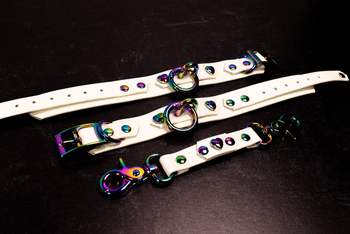 6" - 8.5" Rainbow & White Leather Cuffs & Connector Set _ LIMITED _