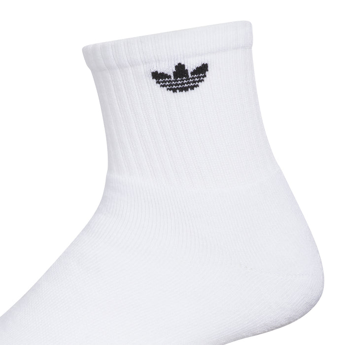 White quarter crew sock with black trefoil logo on the cuff