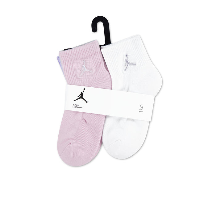 6-pack medium quarter socks on hangers in pink and white with small logo