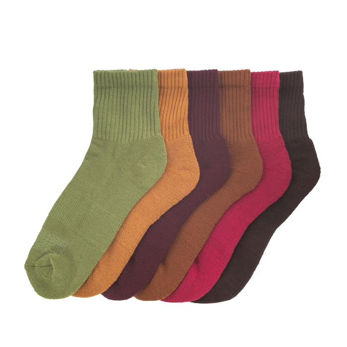 Six-pack half crew ribbed socks in olive, orange, burgundy, brown, pink, and dark