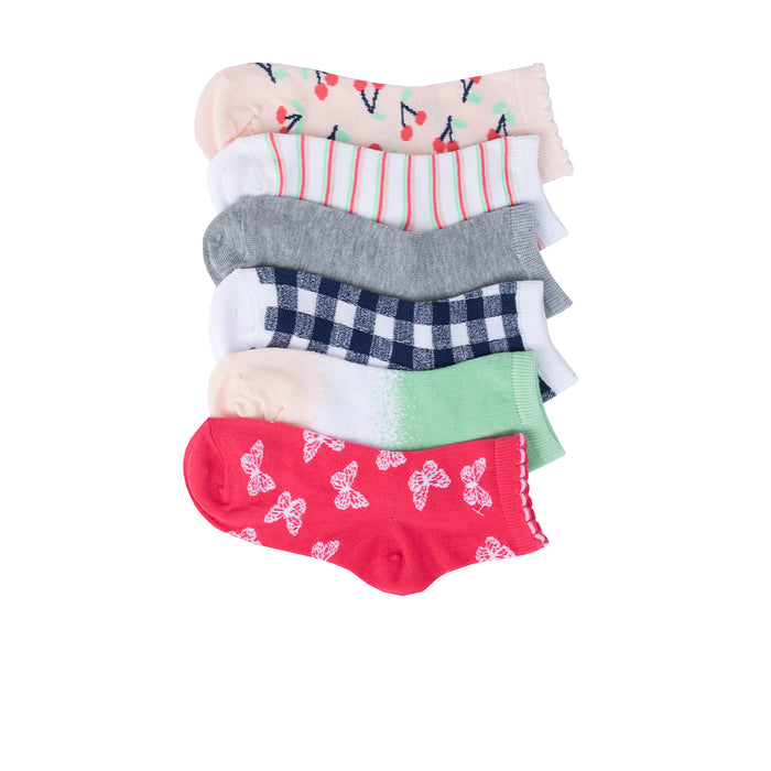6-pack medium low-cut socks, patterned in red cherries, navy check, stripes, butterflies, green