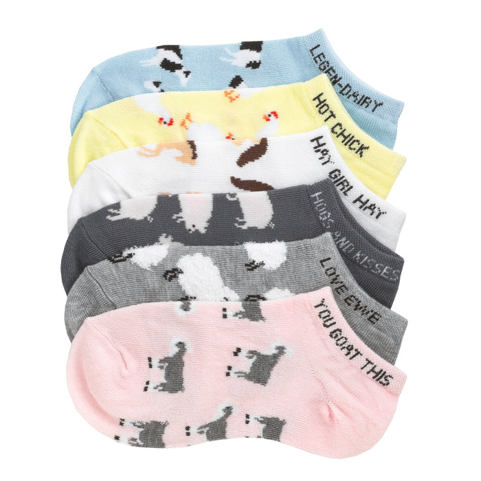 6-pack medium no-show socks with pastel farm animal print, cushioned heel and toe