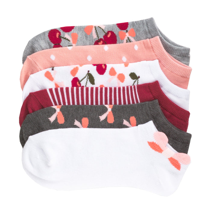 6-pack no-show socks, assorted cherries/bows, stripes, pink white gray dark red