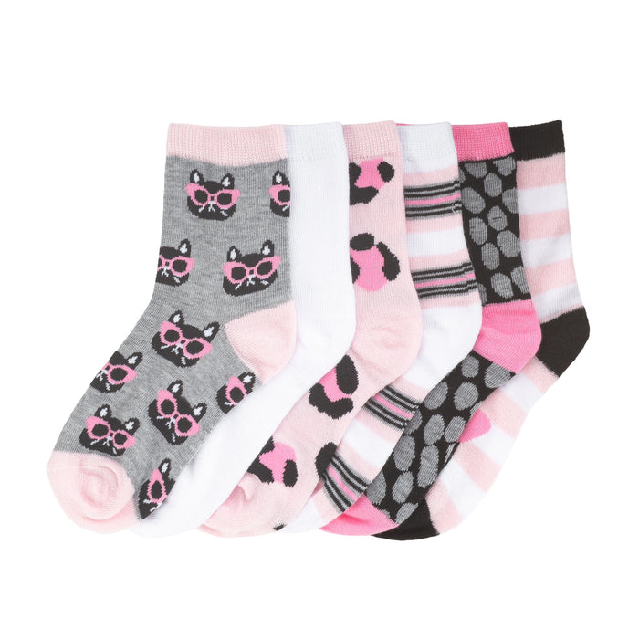 6-pack low-quarter socks: cat face and paw prints in pink, white, grey, black