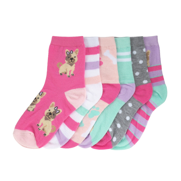 6-pack low quarter socks: pink dog print, striped and polka dot pairs