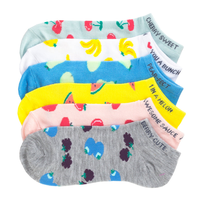 6-pack small no-show socks with colorful fruit-pattern stripes and elastic cuffs