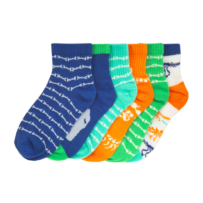 6-pack kids quarter socks with dino bone prints in blue, green, orange