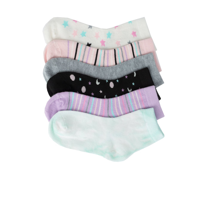 6-pack small quarter socks in pastel stars, stripes, polka dots, and solid mint