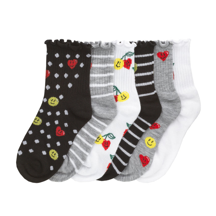 Six-pack quarter socks with smiley, rose, and striped designs in black, grey, and white