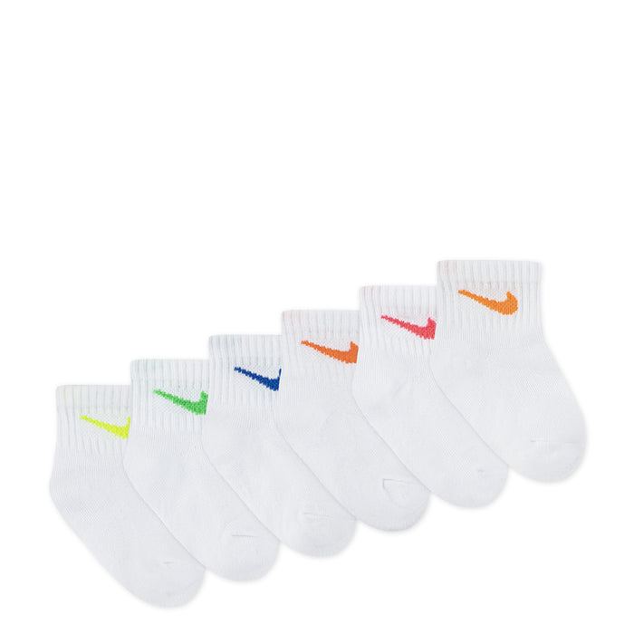 6-pack toddler ankle socks, white with orange, red, blue, and green Swoosh logos