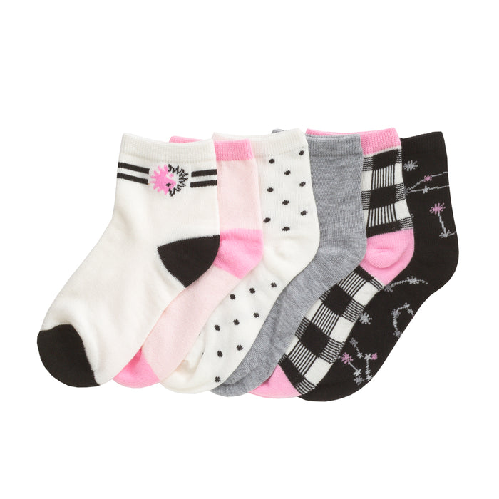 6-pack x-small low-cut socks in ivory, pink, and black with yin-yang and star patterns