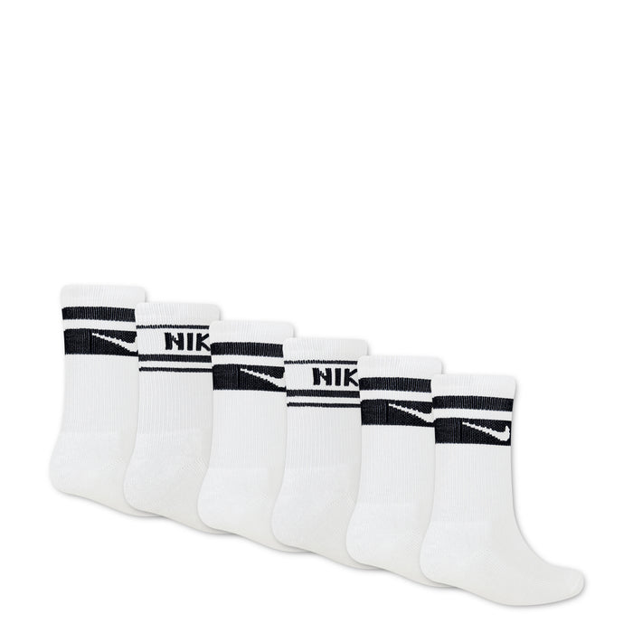 Six-pack white crew socks with black striped cuffs and NIK branding