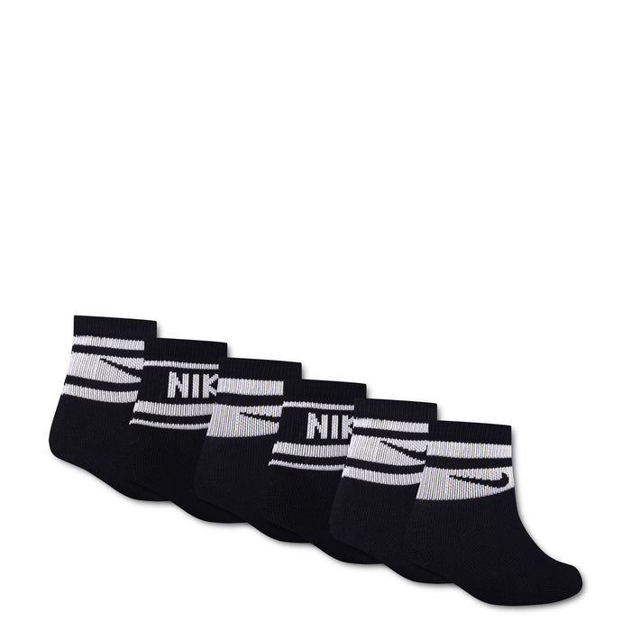 6-pack cushioned quarter socks, black with white stripe cuff and NIKE swoosh