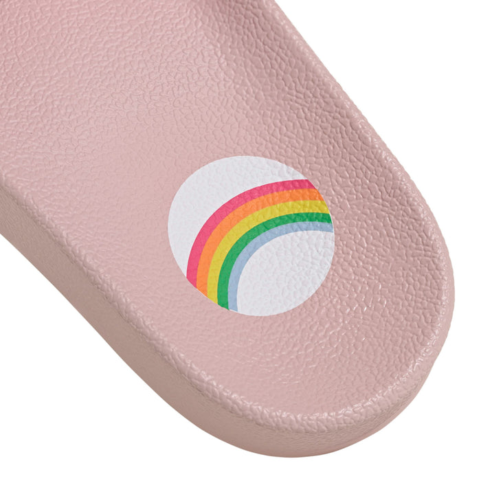 Pink textured slide footbed with rainbow logo patch