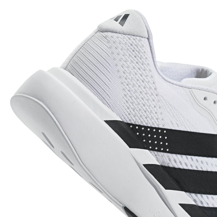 Men's white running shoe quarter view, black stripe panel and textured knit