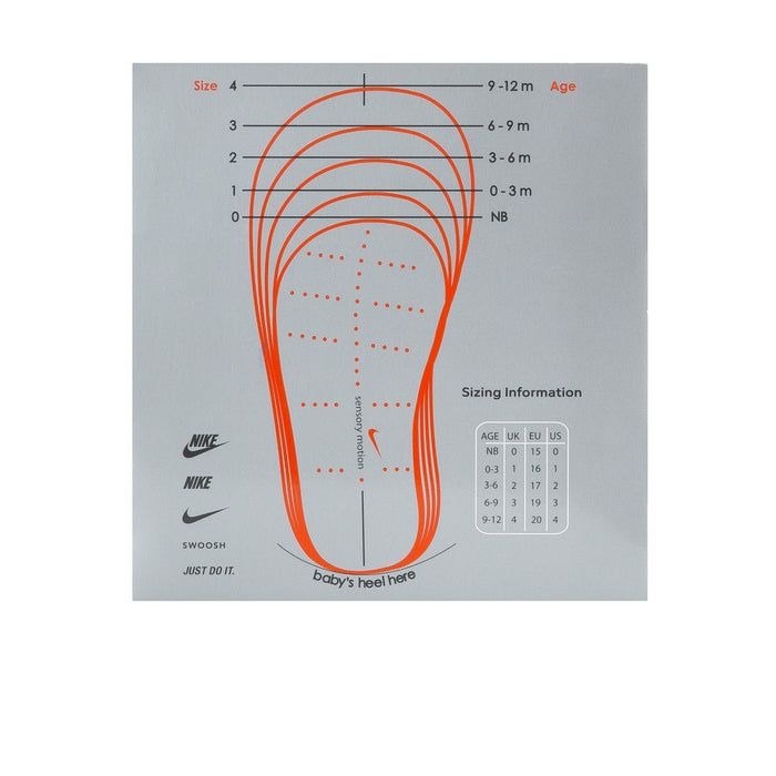 Infant shoe sizing chart diagram with age and size guide