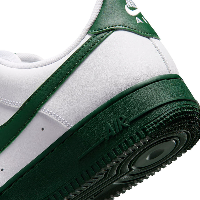 Men's white sneaker with green side stripe and Air-branded dark green midsole.