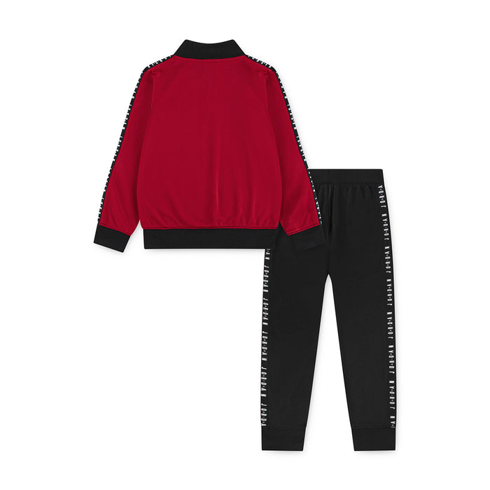 Kids tricot set back view: red jacket with black hem, black joggers