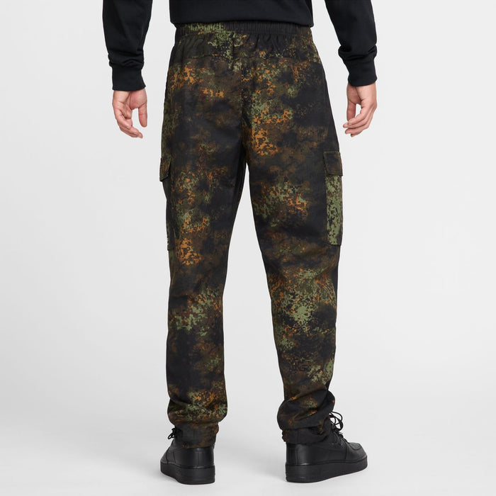 Men's woven camo pants with elastic waist and ankle drawstring, full view