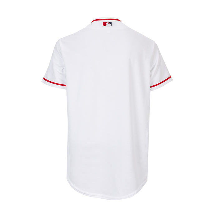 Youth white baseball jersey back view with small Angels logo and red collar/sleeve trim