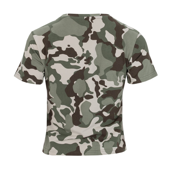 Women's camo baby tee, crew neck short sleeves, rear view