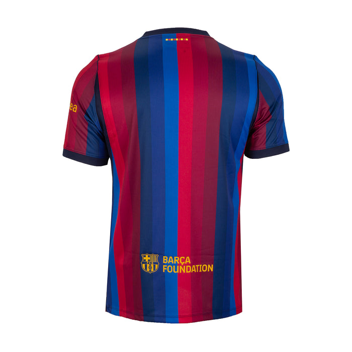 Men's replica home jersey back view, blue and red vertical stripes, BARCA FOUNDATION logo