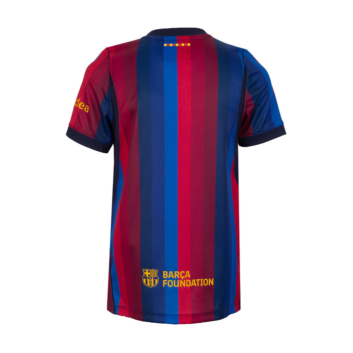 Youth soccer home jersey back, blue and maroon vertical stripes, Barcelona Foundation print